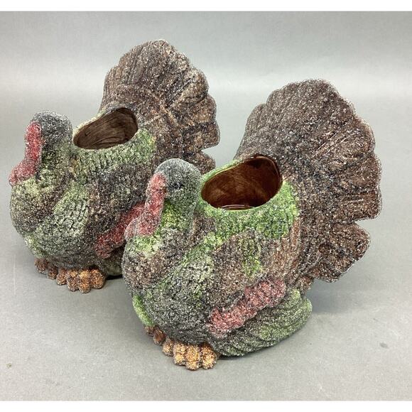 Set Of 2 Frosted Ceramic Turkey Candle Holders - 5x4.5x5.25” - Picture 1 of 11